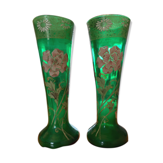 Pair of glass vases with enameled flower decoration