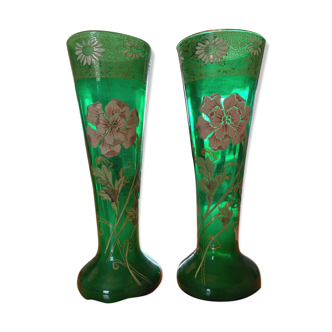 Pair of glass vases with flower-enamelled decoration