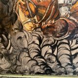 Oil painting on canvas with draft horses signed Ortega 86