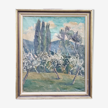 Oil on canvas apple trees in bloom Normandy Marcel Cramoysan 1915-2007