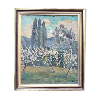 Huile sur toile pommiers en fleurs Normandie Marcel Cramoysan 1915-2007