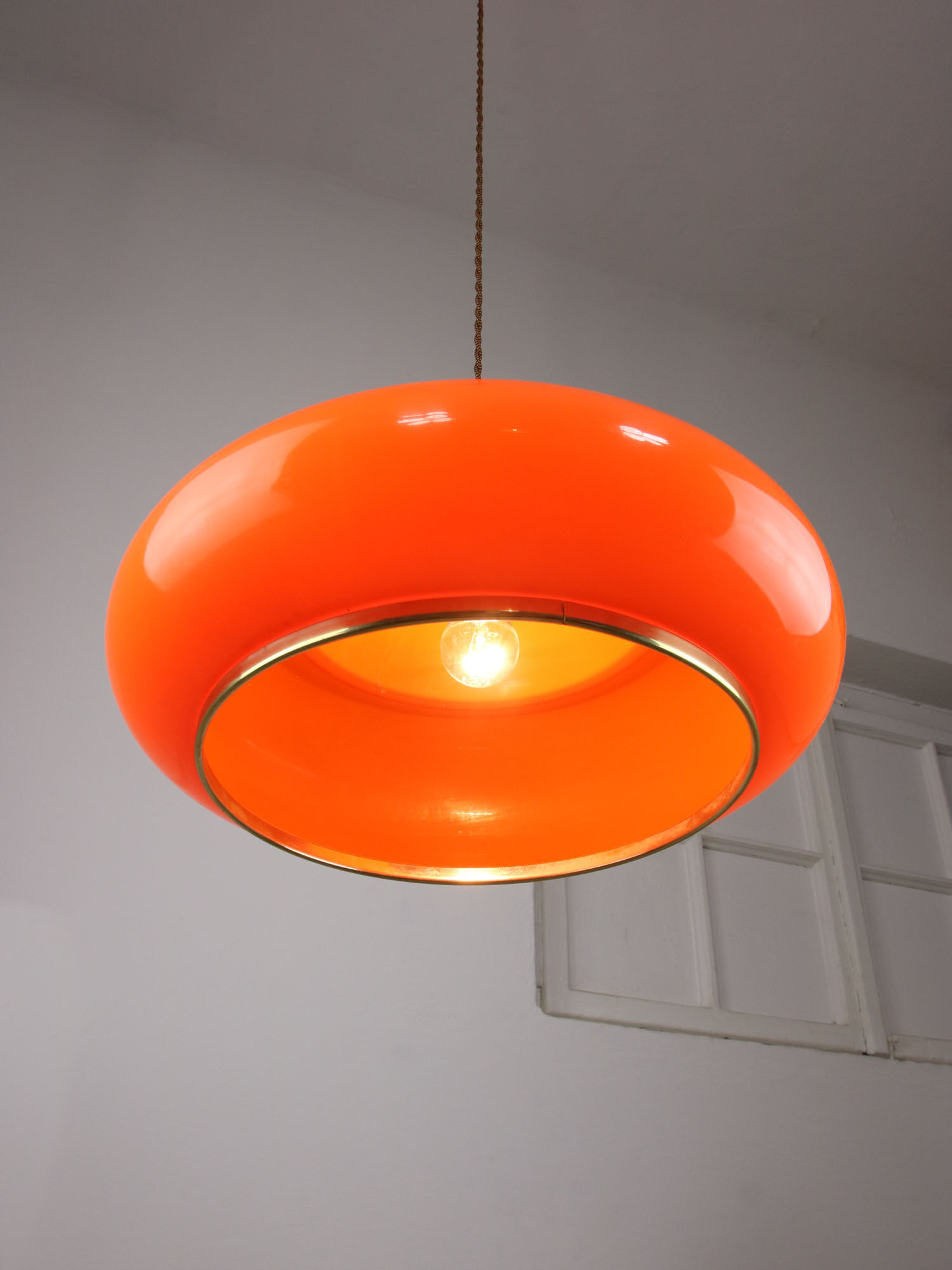 Space-age orange brass and plexiglass pendant lamp 70s