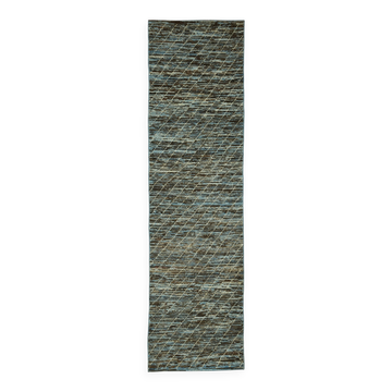 Tapis couloir contemporain turc en laine bleu, fait à la main, 89 cm x 343 cm.