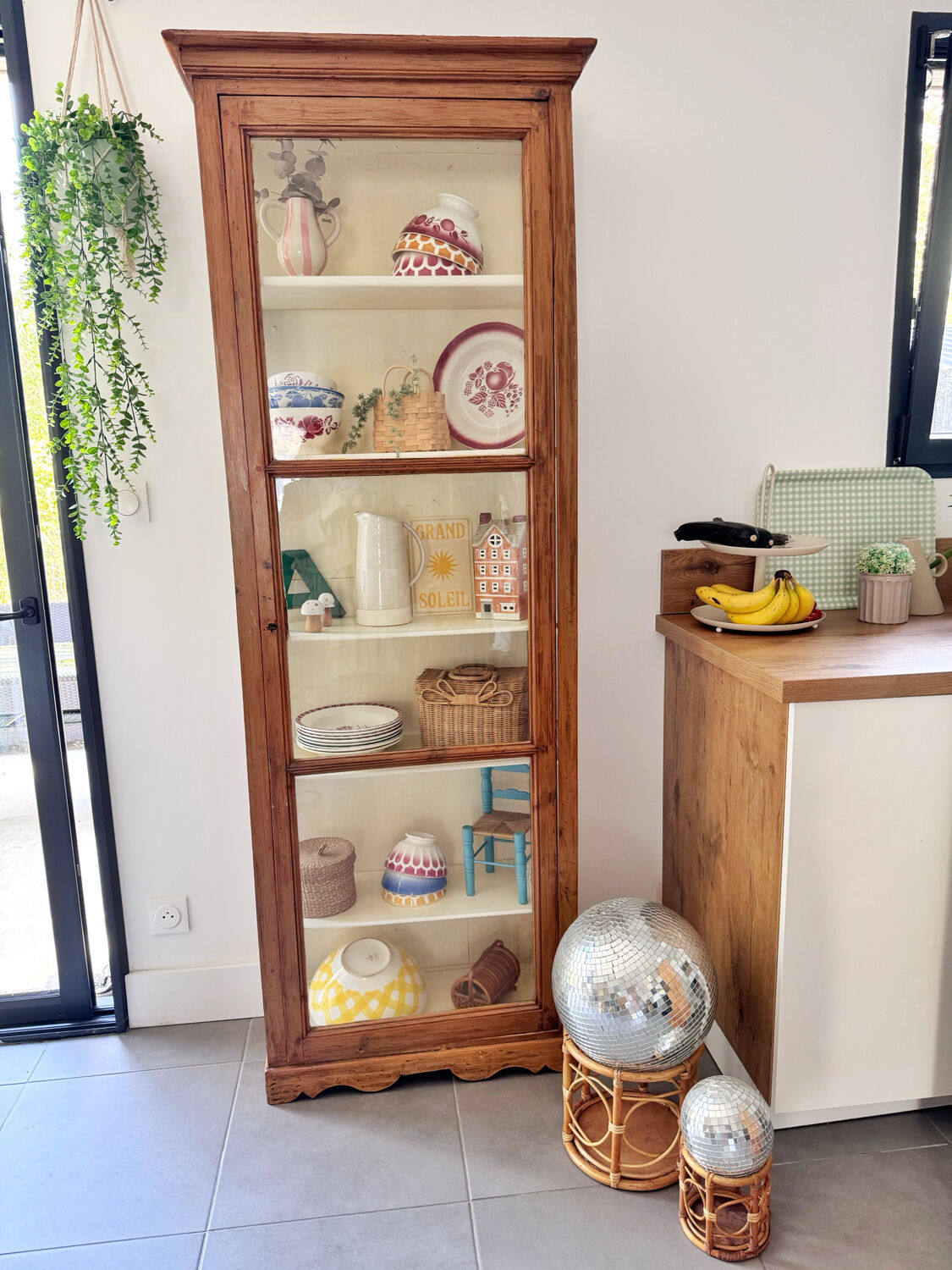 Antique display cabinet, small dresser, antique glass-fronted bookcase.
