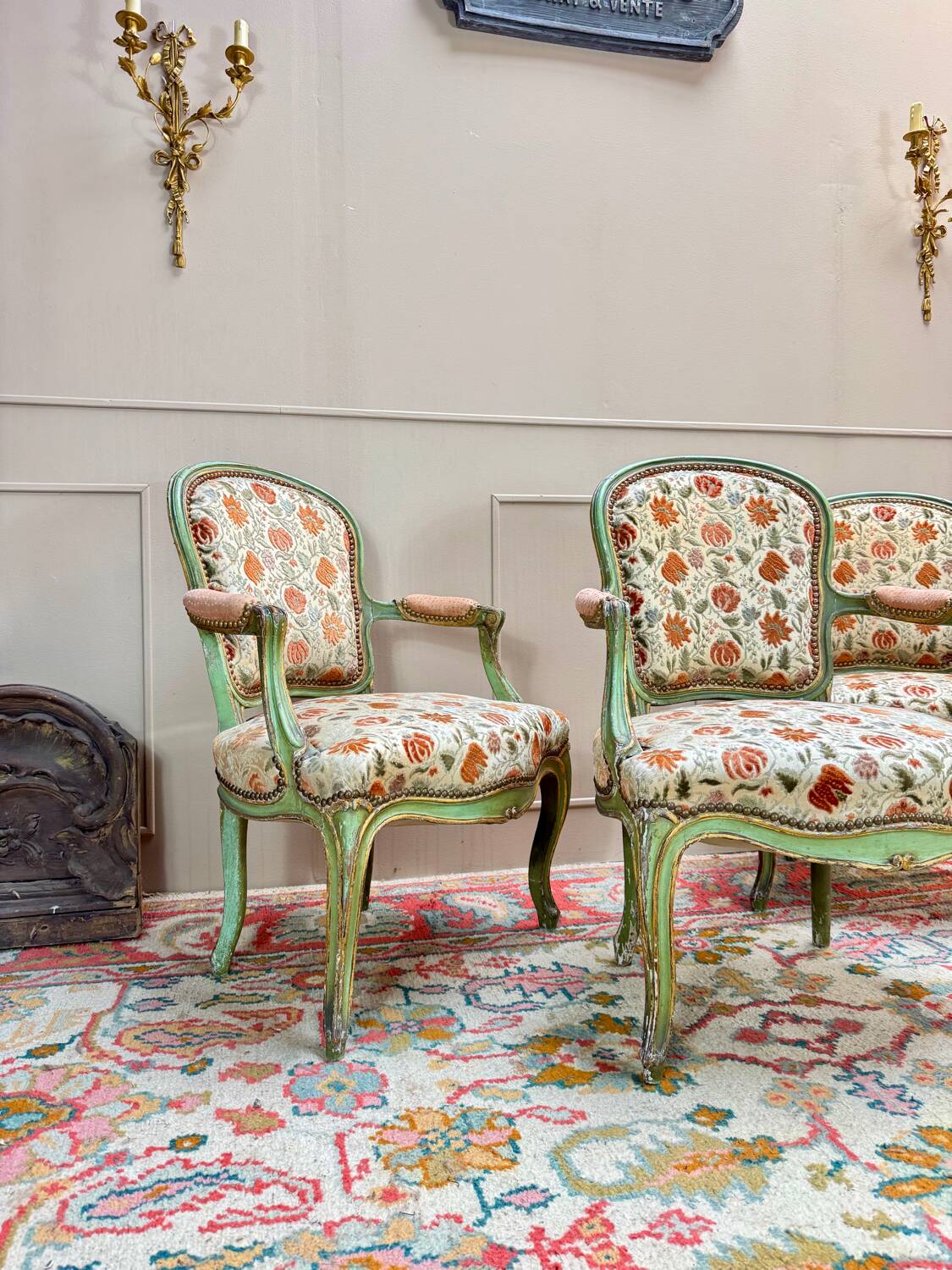 Set of Three Louis XV Style Lacquered Wood Armchairs, 19th Century