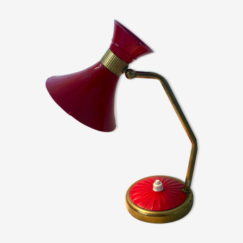 Brass desk lamp with articulated red diabolo lampshade