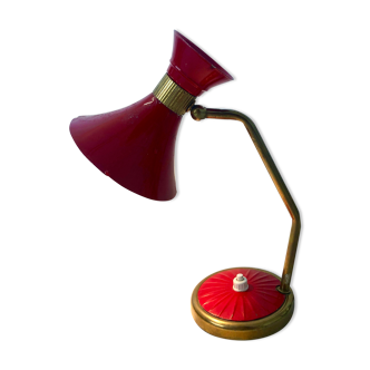 Brass desk lamp with articulated red diabolo lampshade