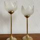 Pair of tulip-shaped candle holders in frosted glass and brass.