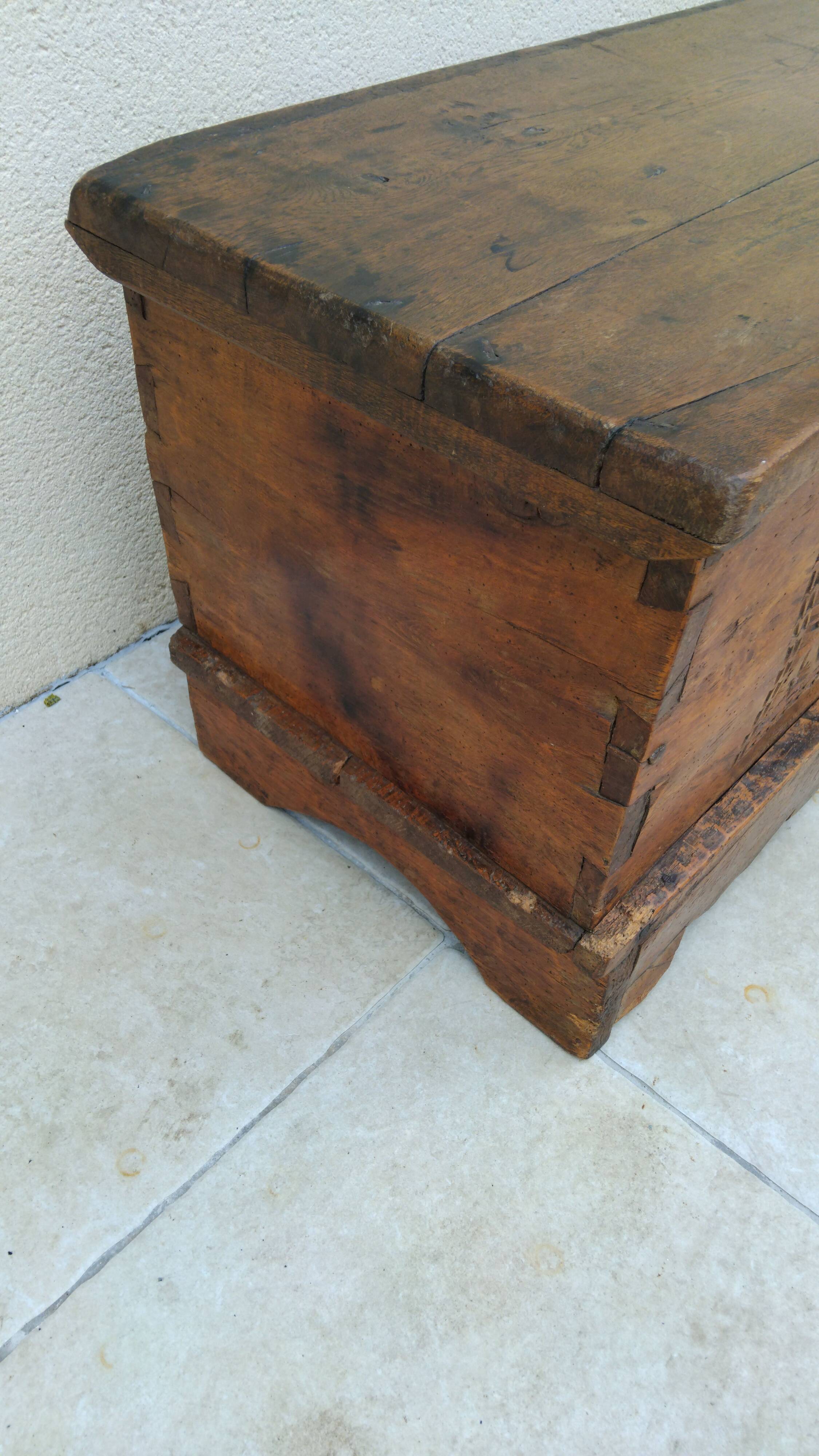 Antique marriage chest castle 17th century solid oak