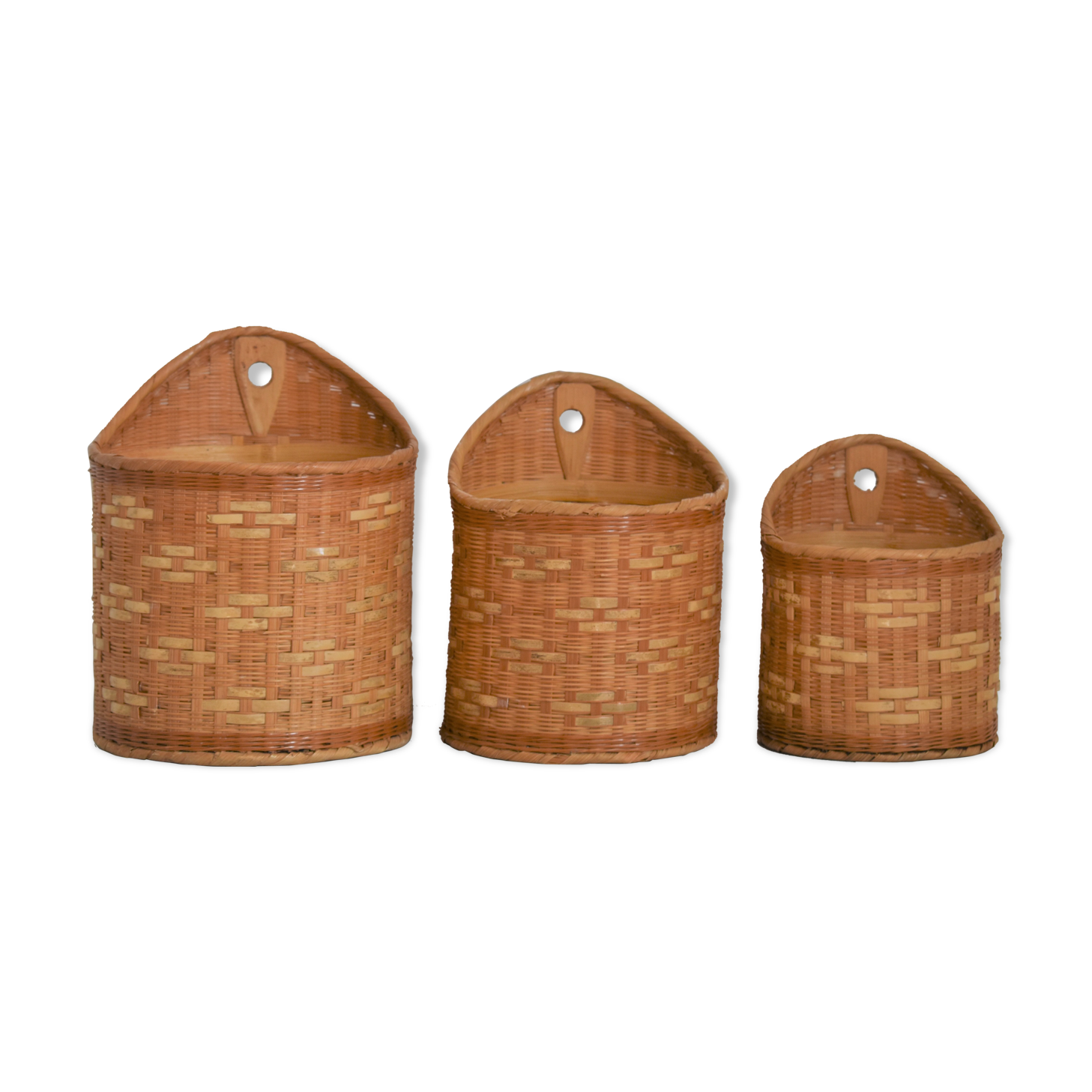 Trio of walled jar cache in braided wicker