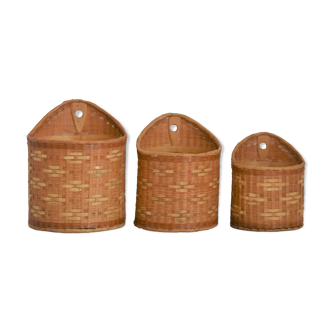 Trio of walled jar cache in braided wicker