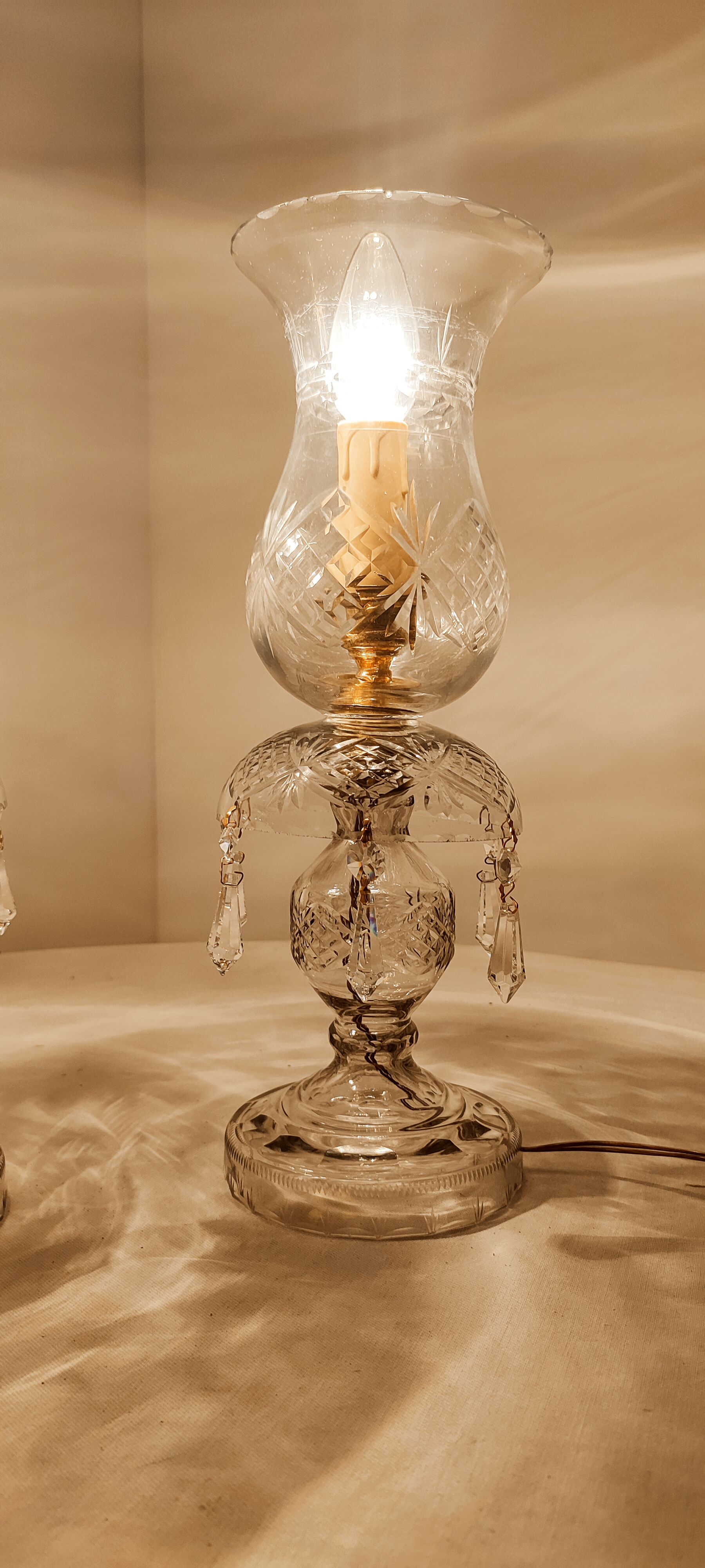 Pair of cut glass table lamps, France, 1950s