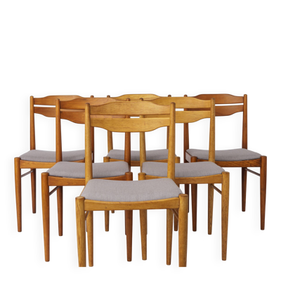 Ensemble de 6 chaises de salle à manger vintage des années 1970, chaises en hêtre et teck, milieu du siècle.