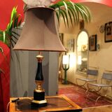 20th Century French Black Enamel Tole and Gilt Bronze Table Lamps with Silk Shade, Set of 2