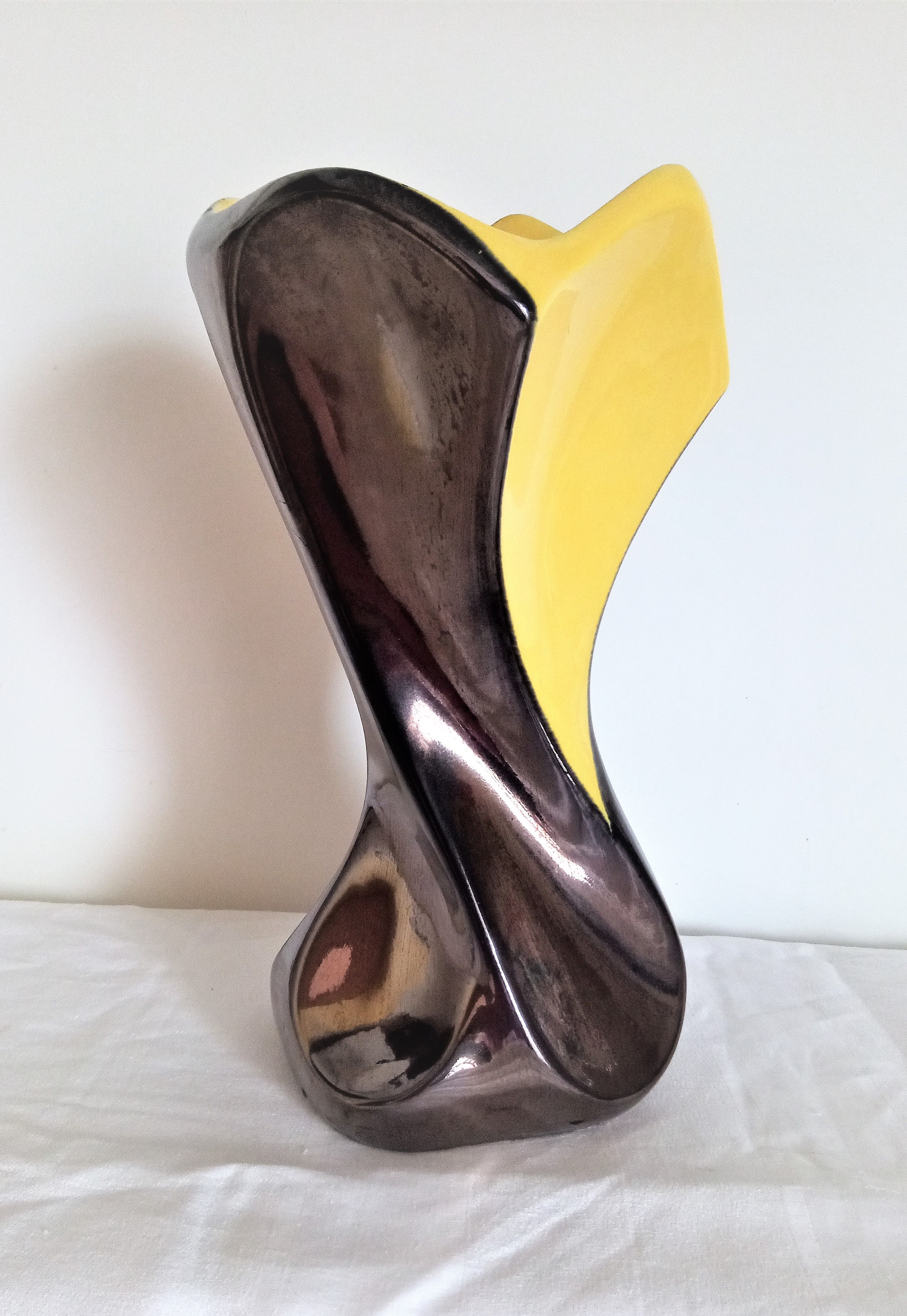 Art Deco vase in two-tone glazed ceramic (black/yellow), signed and numbered