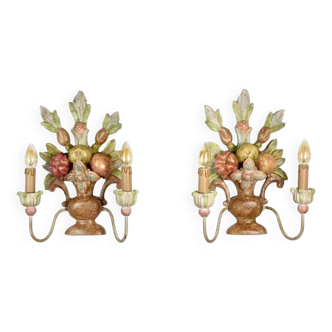 Pair of Italian hand-carved and painted wooden sconces