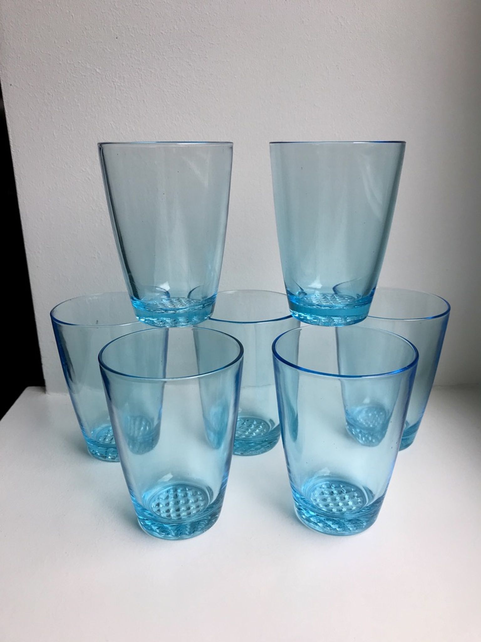 Set of 7 water glasses Made in France blue glass 70s