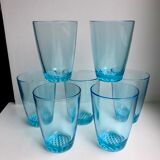 Set of 7 water glasses Made in France blue glass 70s