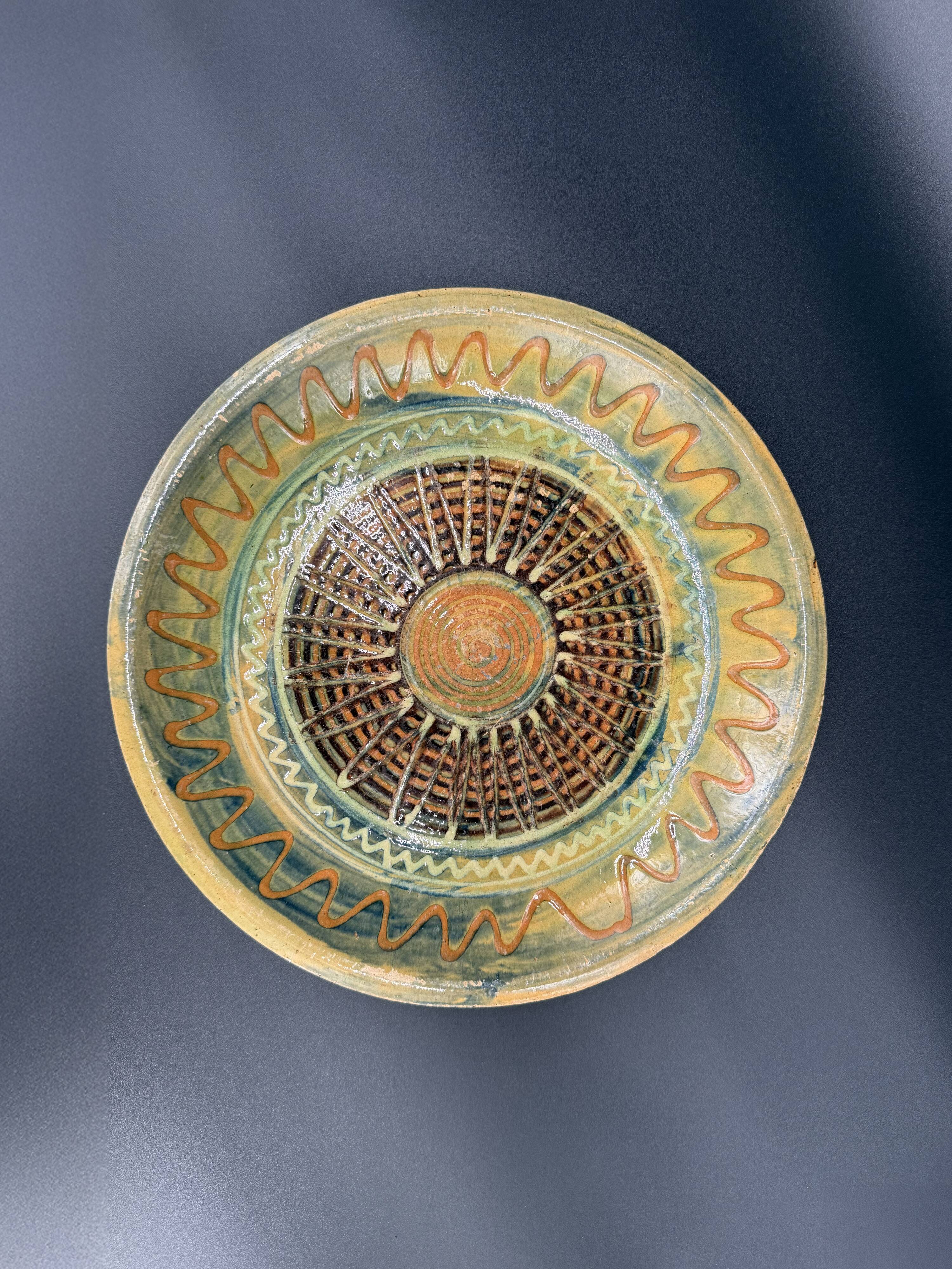 Large decorative glazed ceramic dish – solar motif, 1960s–1970s