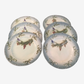 6 assiettes barbotine, asperges/artichaut début XXème