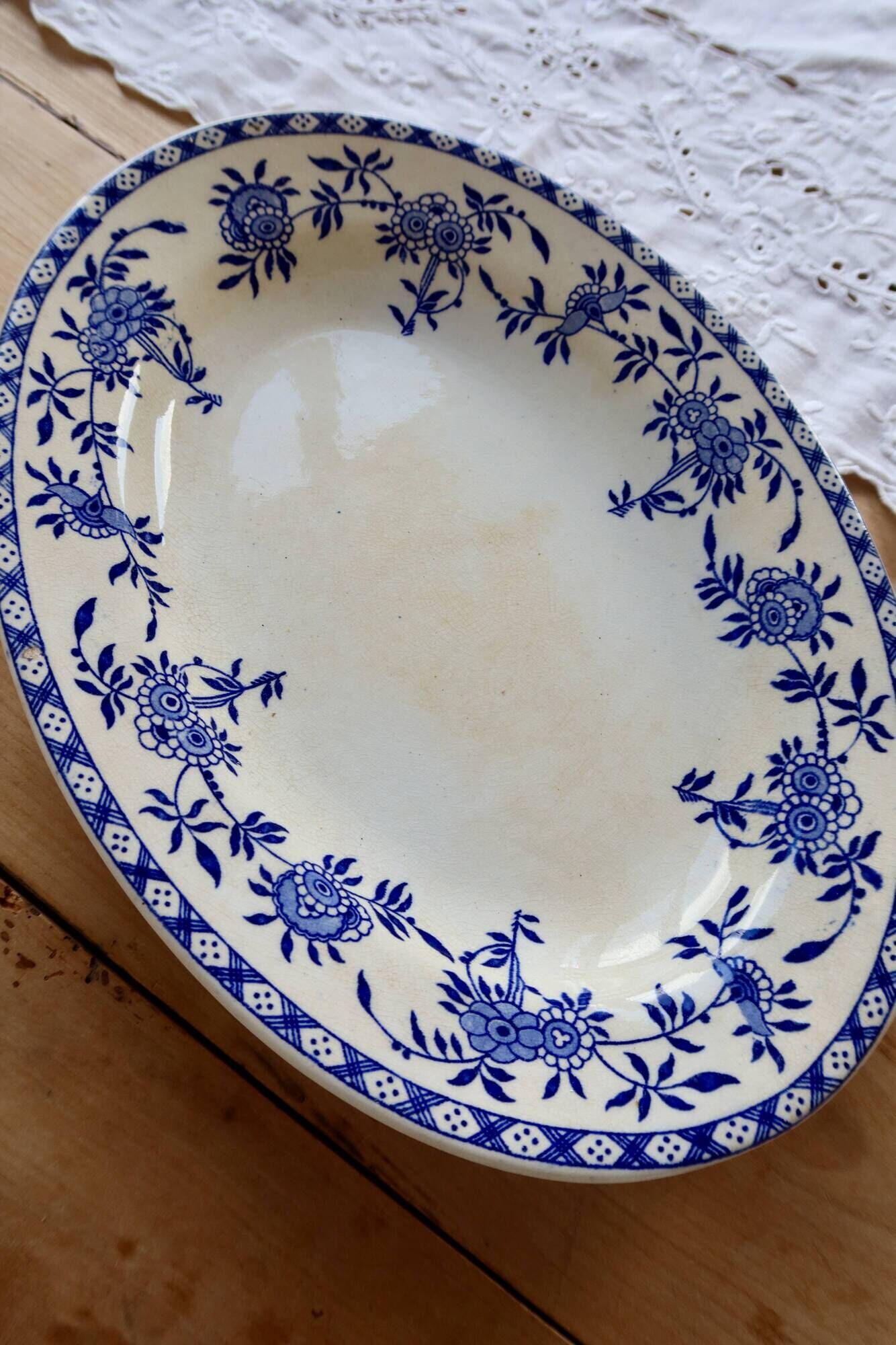 Antique oval plate, Dresden porcelain, blue and white – Baroque floral decoration