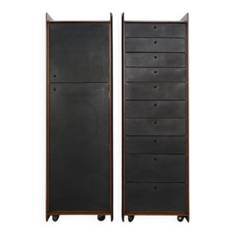 Vintage Container and Chest of Drawers Set in Wood and Leather by Afra & Tobia Scarpa for Maxalto, Italy, 1970s, Set of 2