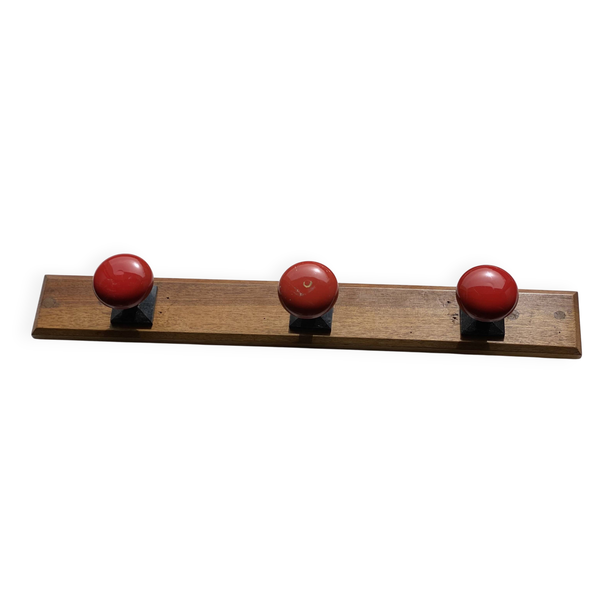 Wall-mounted coat rack with 3 hooks, vintage 1960s red lacquered metal.