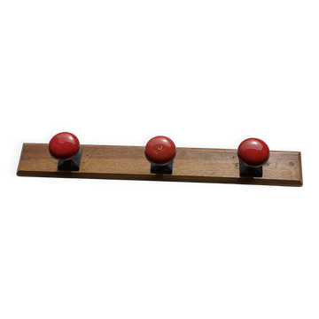 Wall-mounted coat rack with 3 hooks, vintage 1960s red lacquered metal.