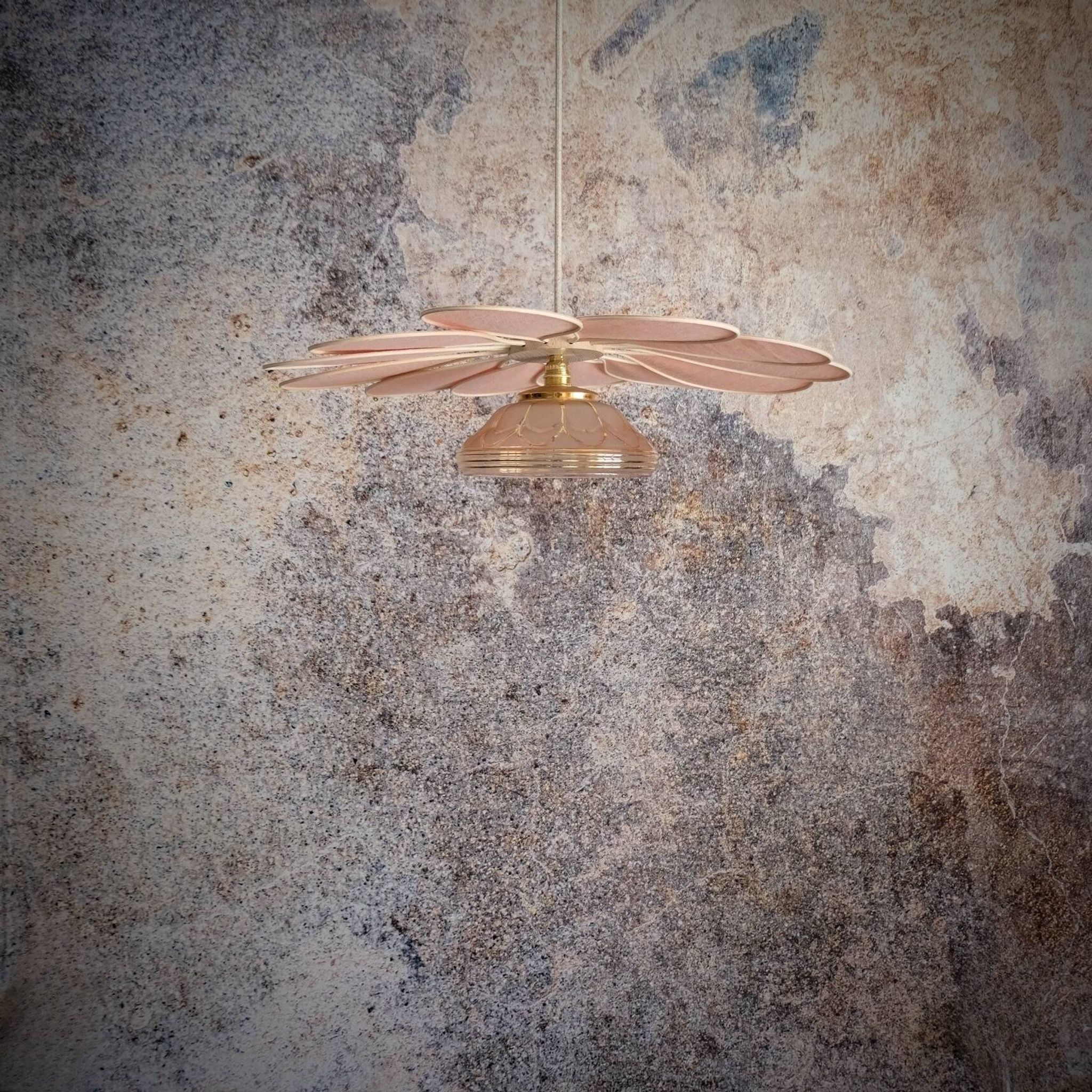 Pink Rattan and Linen Flower Pendant Light and Vintage Pink Translucent Globe
