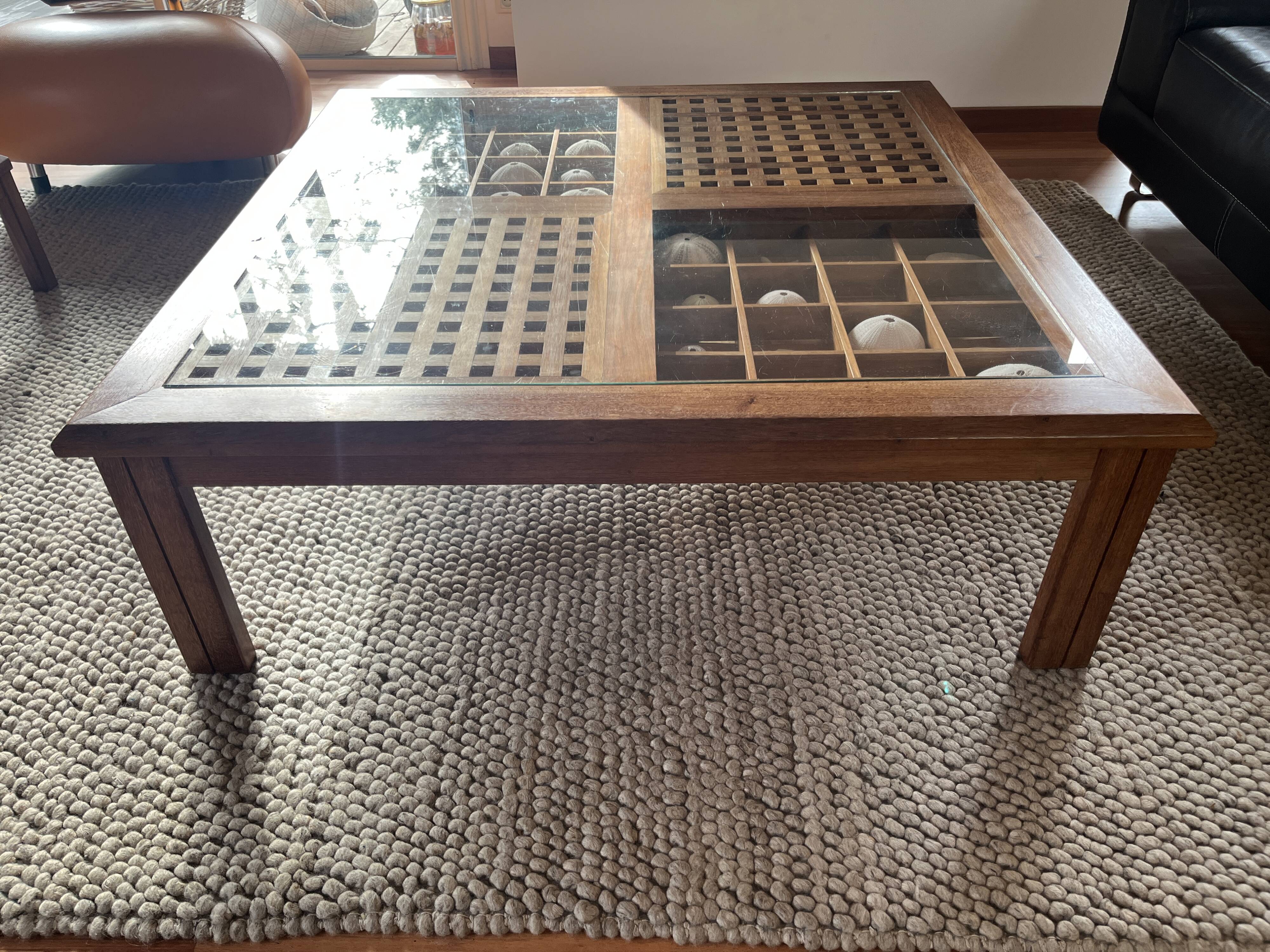 Large handcrafted coffee table in exotic wood + nesting tables.
