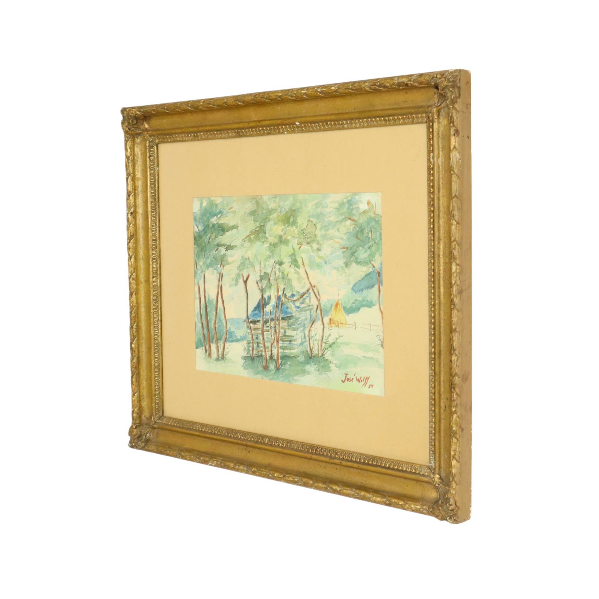Watercolor José Wolff Art Painting Wooden Baroque Style Frame 1924