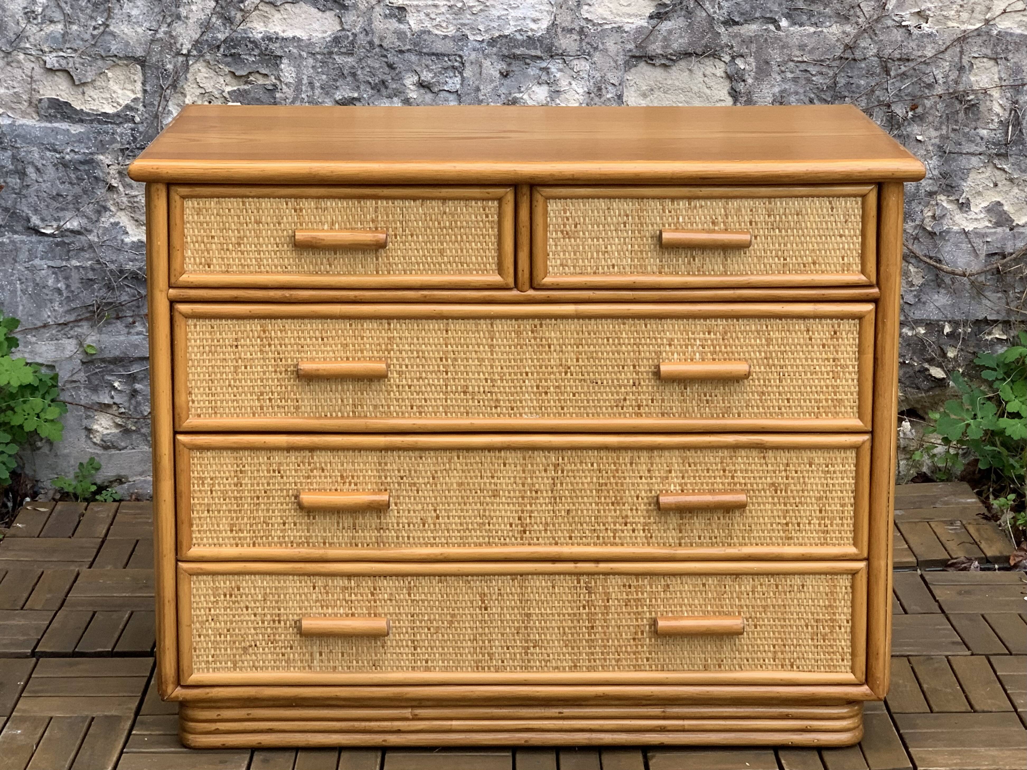 Vintage rattan and woven wicker chest of drawers 1970