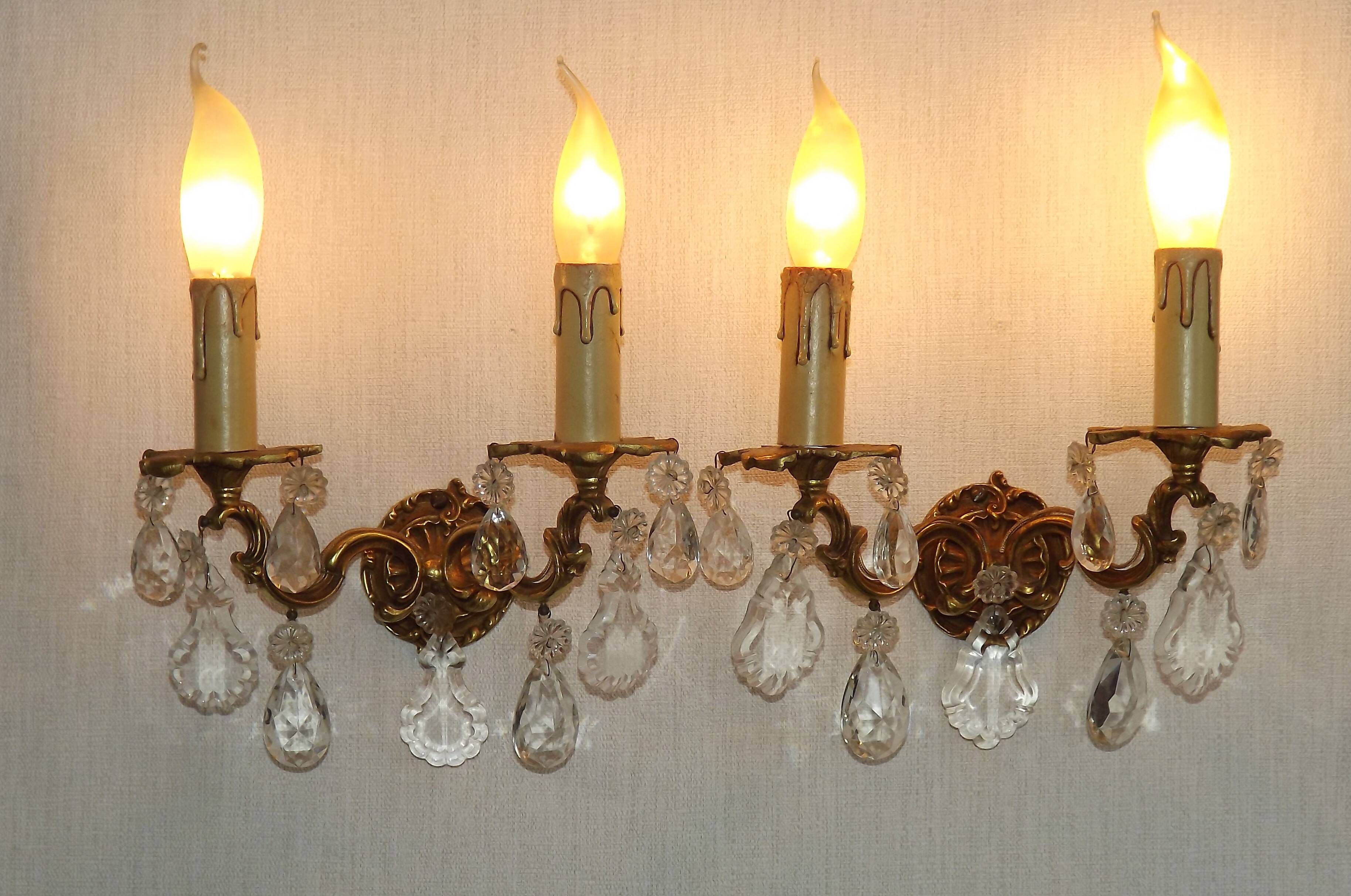 Pair of French Vintage Double Bronze Crystal Wall Lights with Acanthus Detail