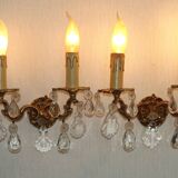 Pair of French Vintage Double Bronze Crystal Wall Lights with Acanthus Detail