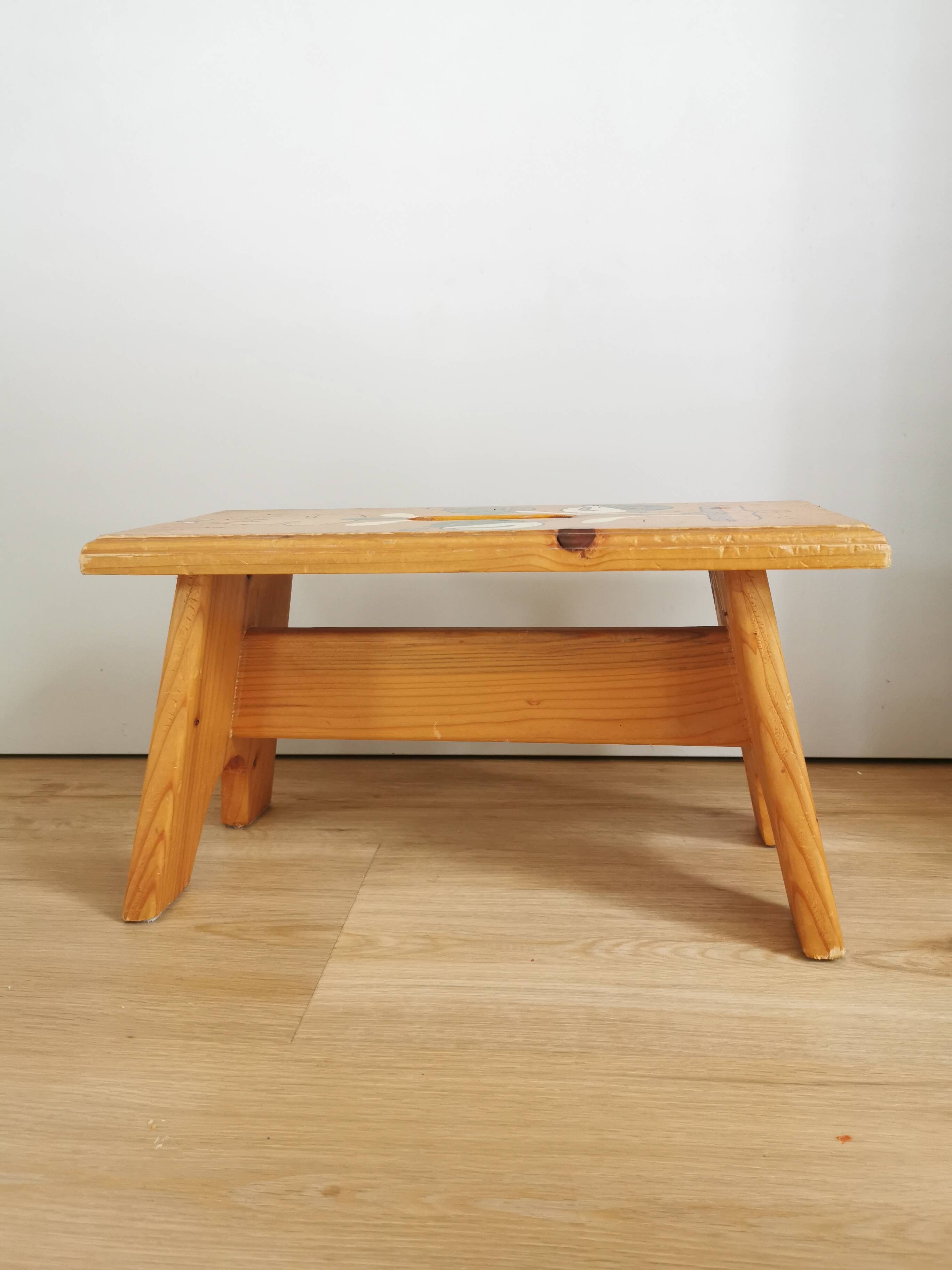 Vintage Hand-Painted Wooden Footstool: Yugoslavian Folk Art Decor