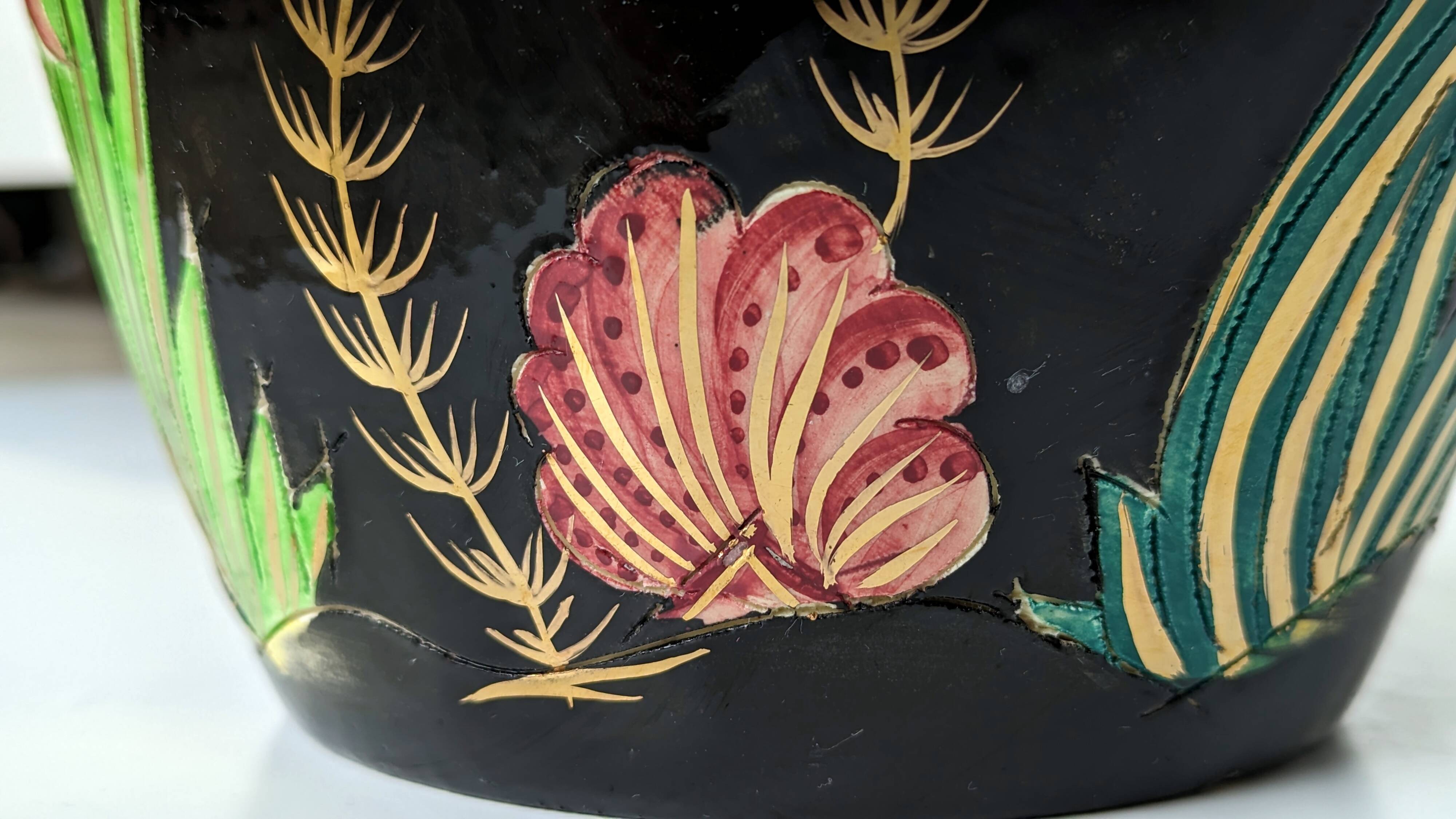 Large pitcher / Monaco vase in polychrome earthenware with bas relief decoration of fish on a seabed