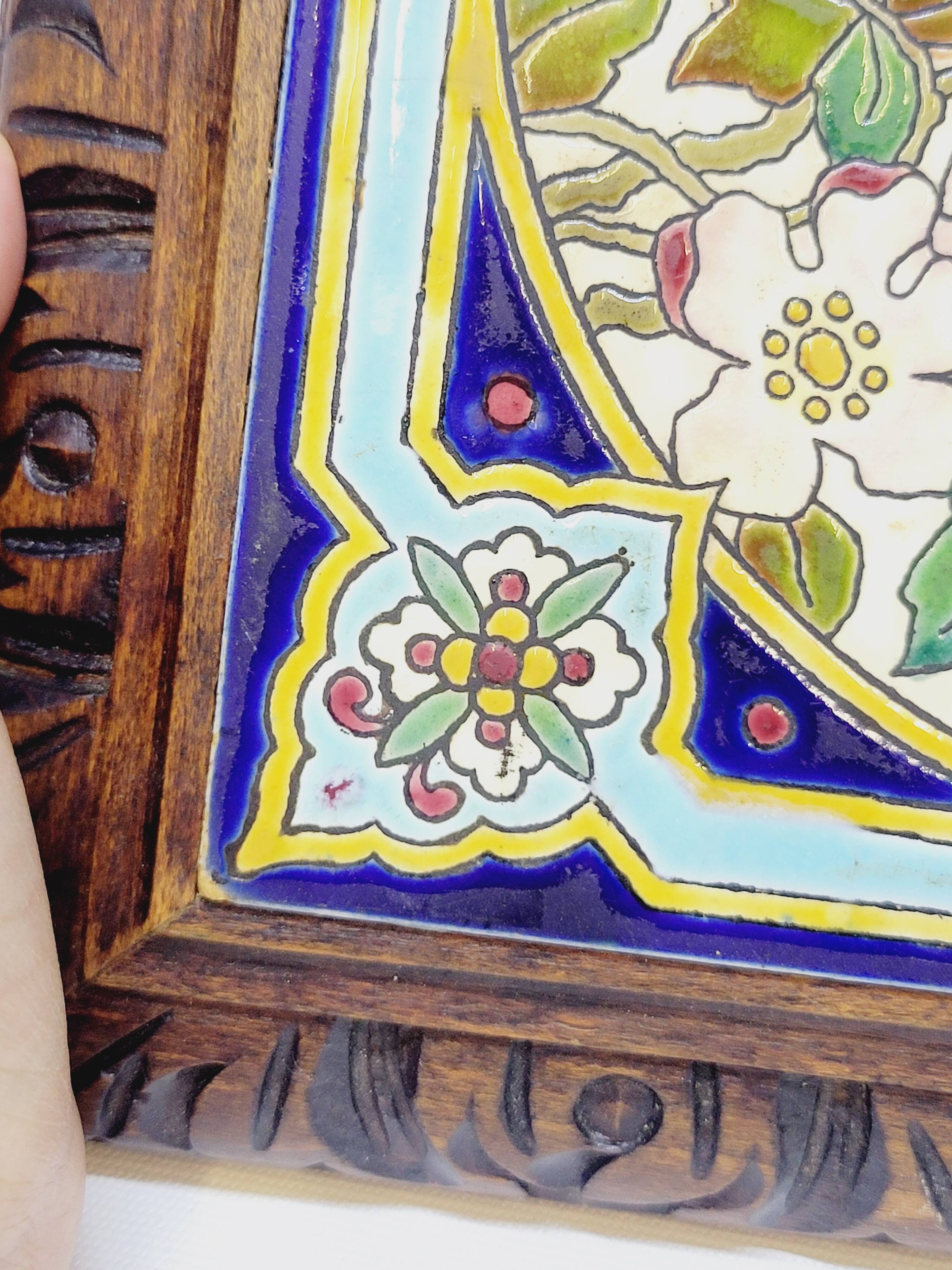 Longwy Trivet with Doorbell, Glazed Earthenware Tile and Wooden Frame