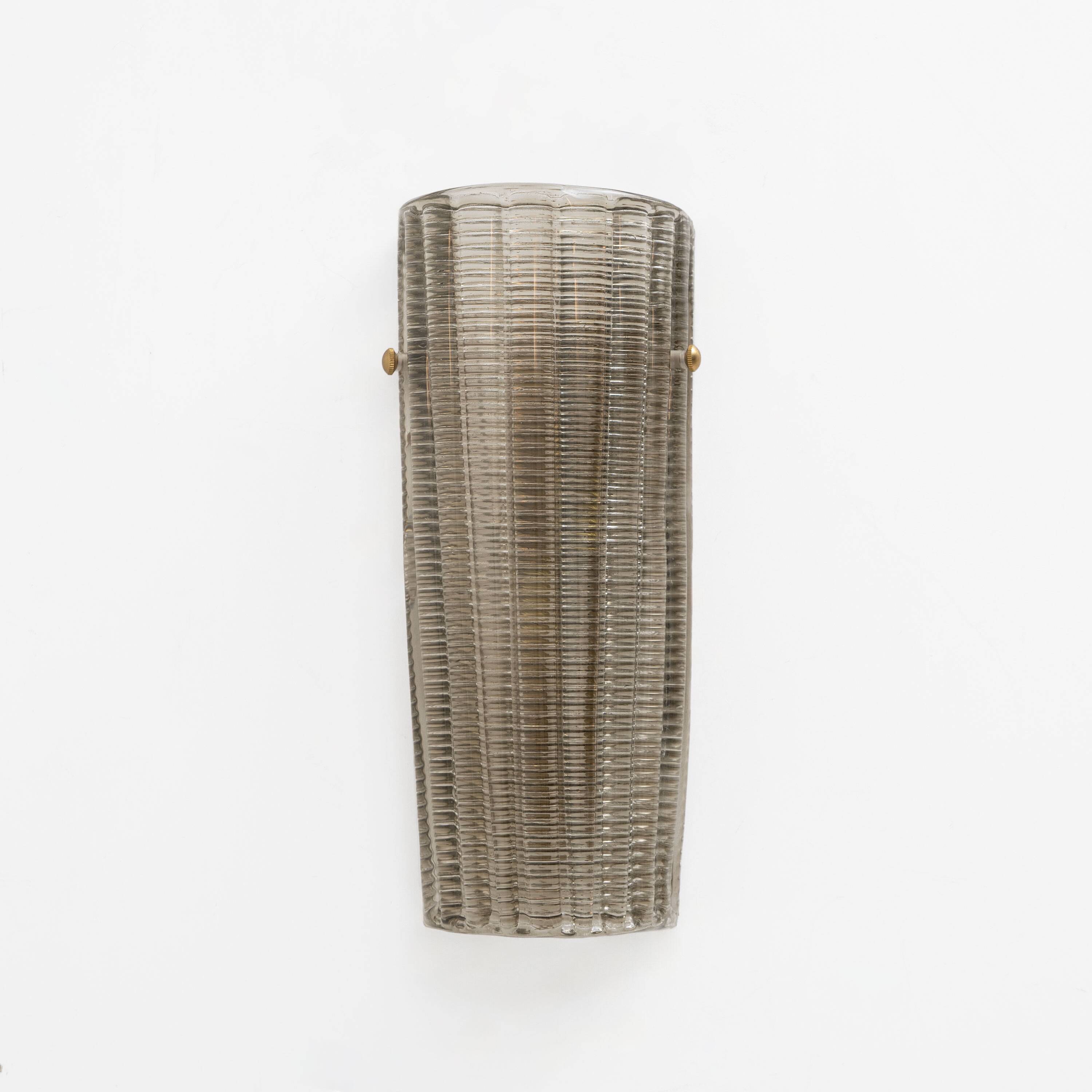 Pair of Murano Glass Wall Sconces Smoke Glass and Brass, Italy