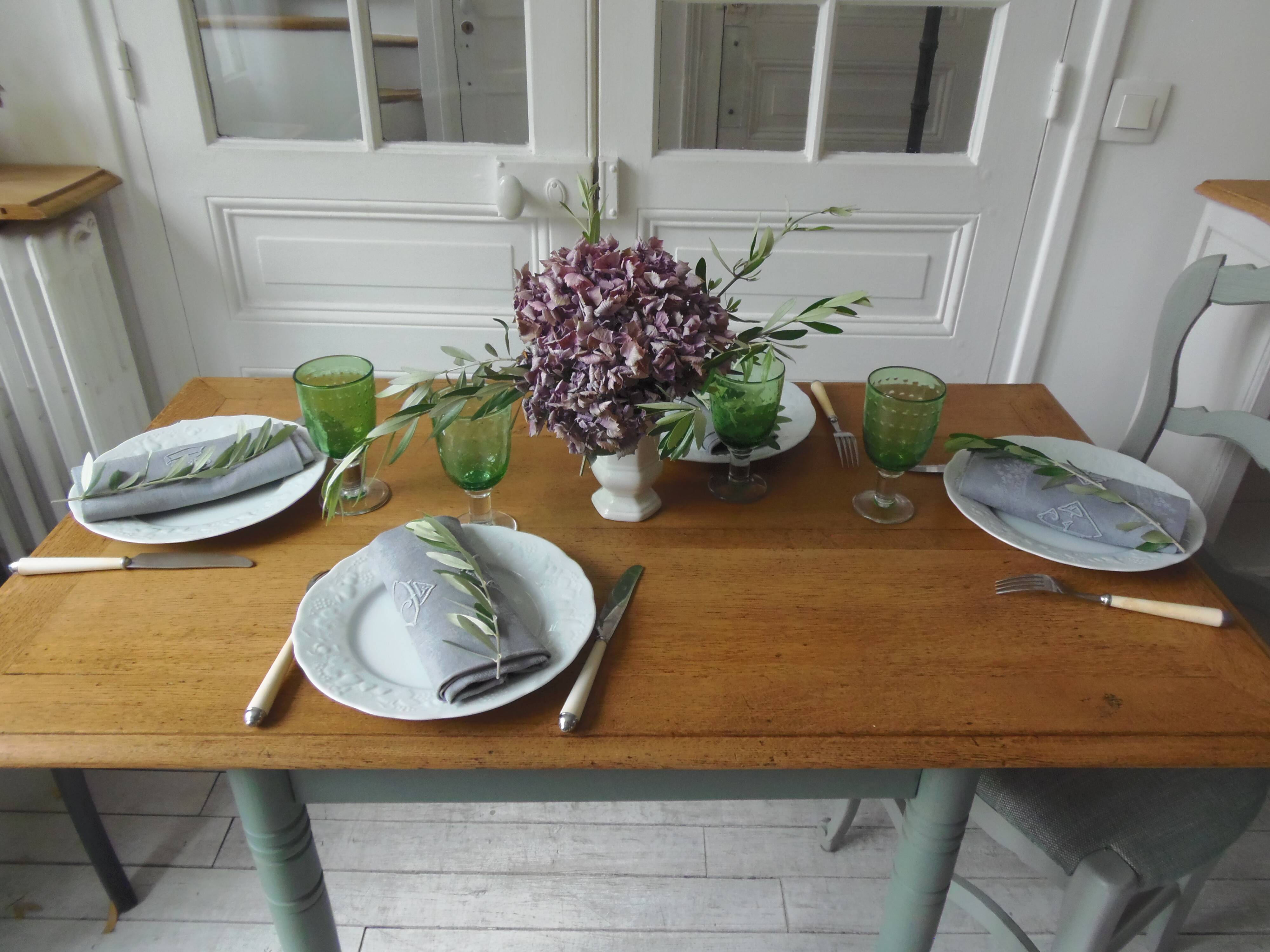 Table, vintage desk with smoked green base and oak top.