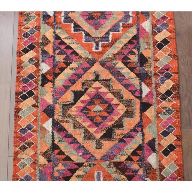 1970s Vintage Turkish Hand-Knotted Wool Cotton Orange Runner Rug 100x322