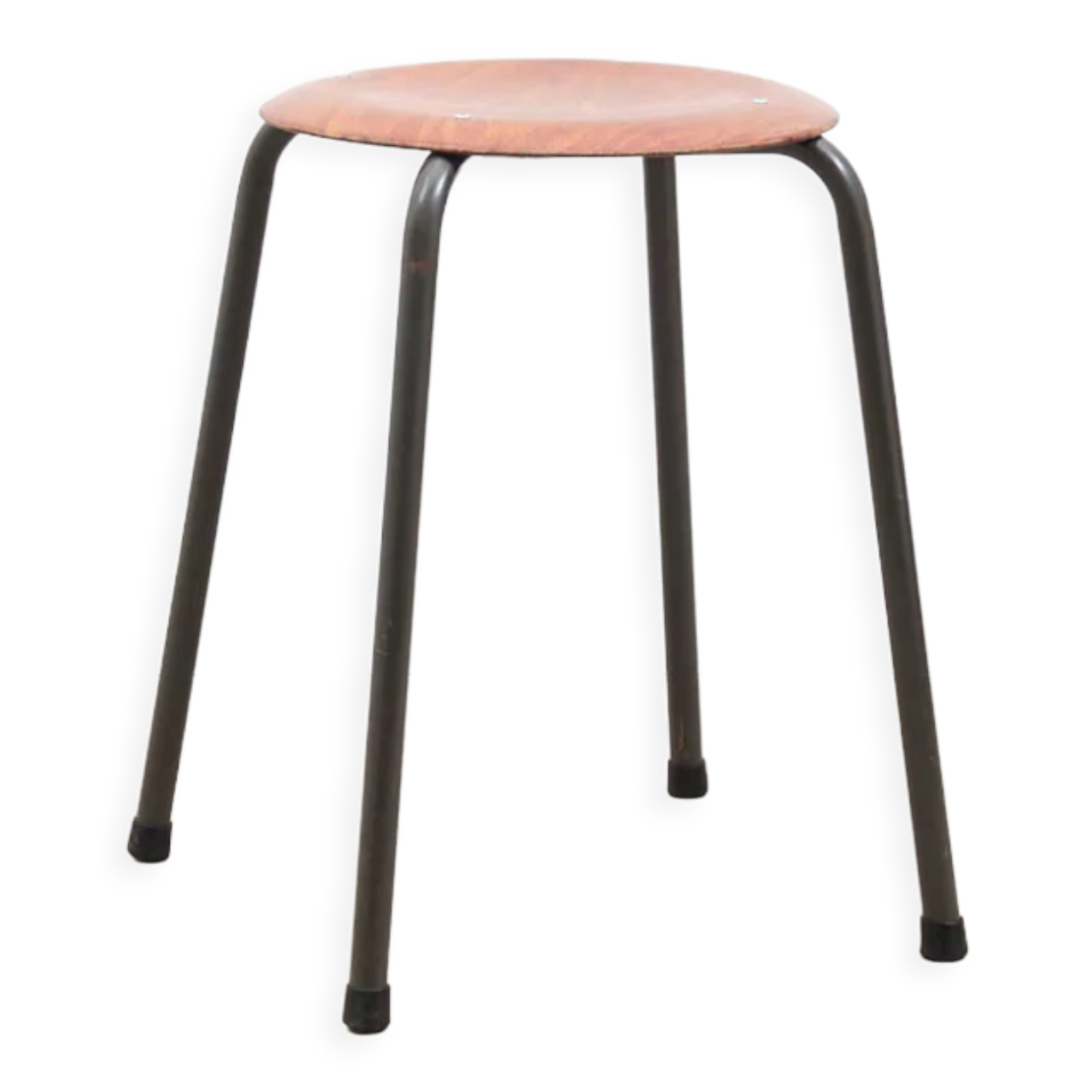 Vintage low stool, pagholz seat warm gray metal structure
