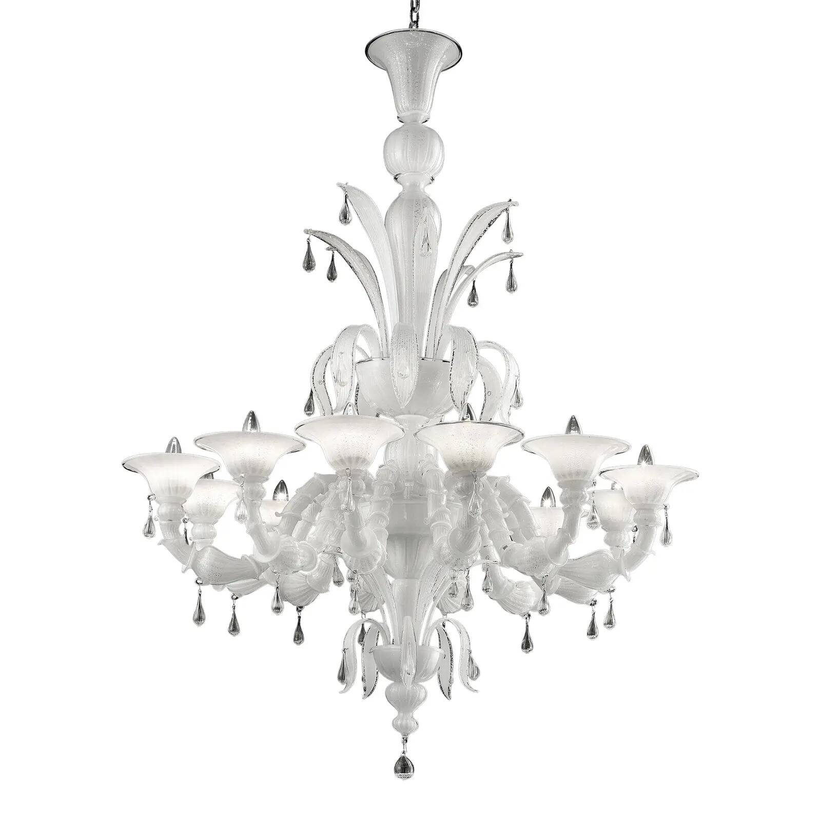 White Venetian “Ca’ Rezzonico” Murano Glass Chandelier with Clear Glass
