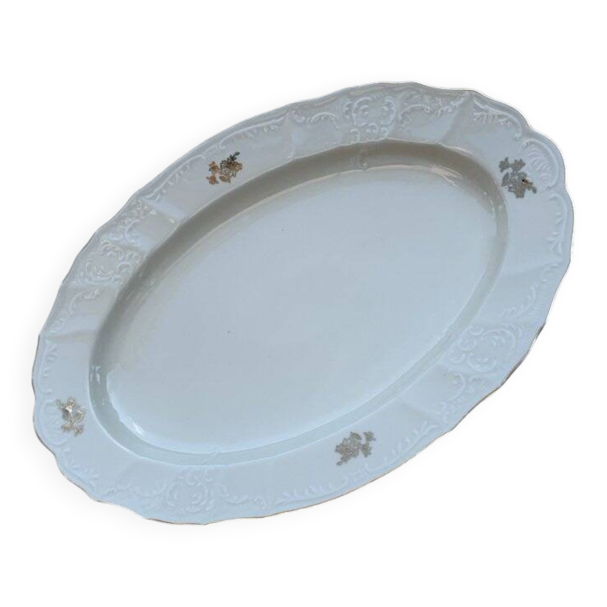 Grand plat de service en porcelaine jaune Bernadotte années 1960, bord doré et relief
