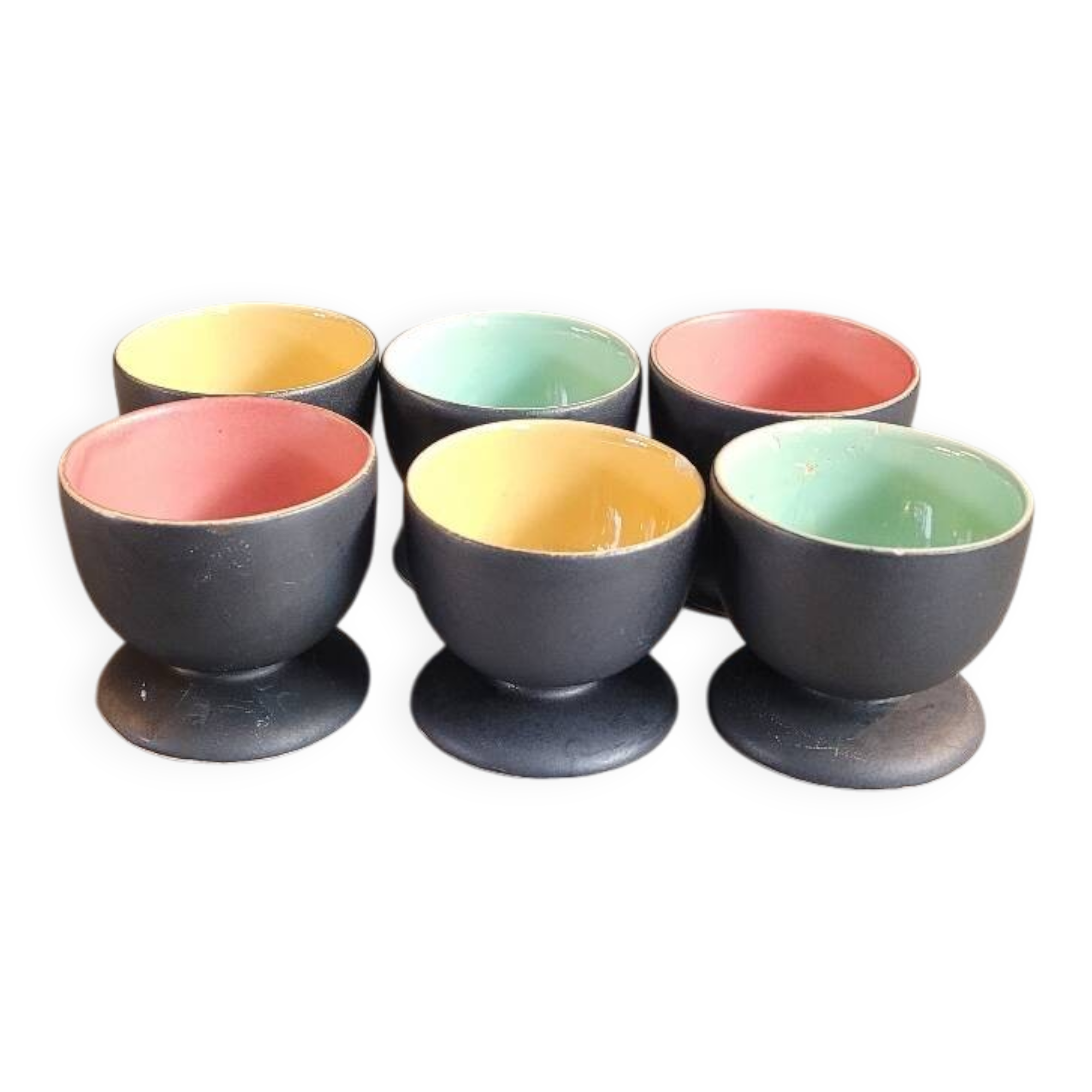 Set of 6 black and colored ceramic egg cups