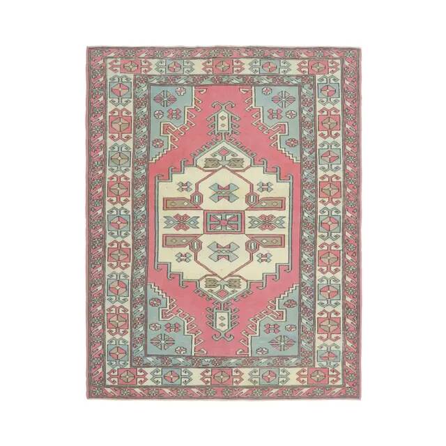 1970s vintage Turkish Oushak handmade wool cotton pink area rug 190x245