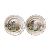 Faïence de Longwy XIX ème 2 assiettes décor chien de chasse et lièvre gibier