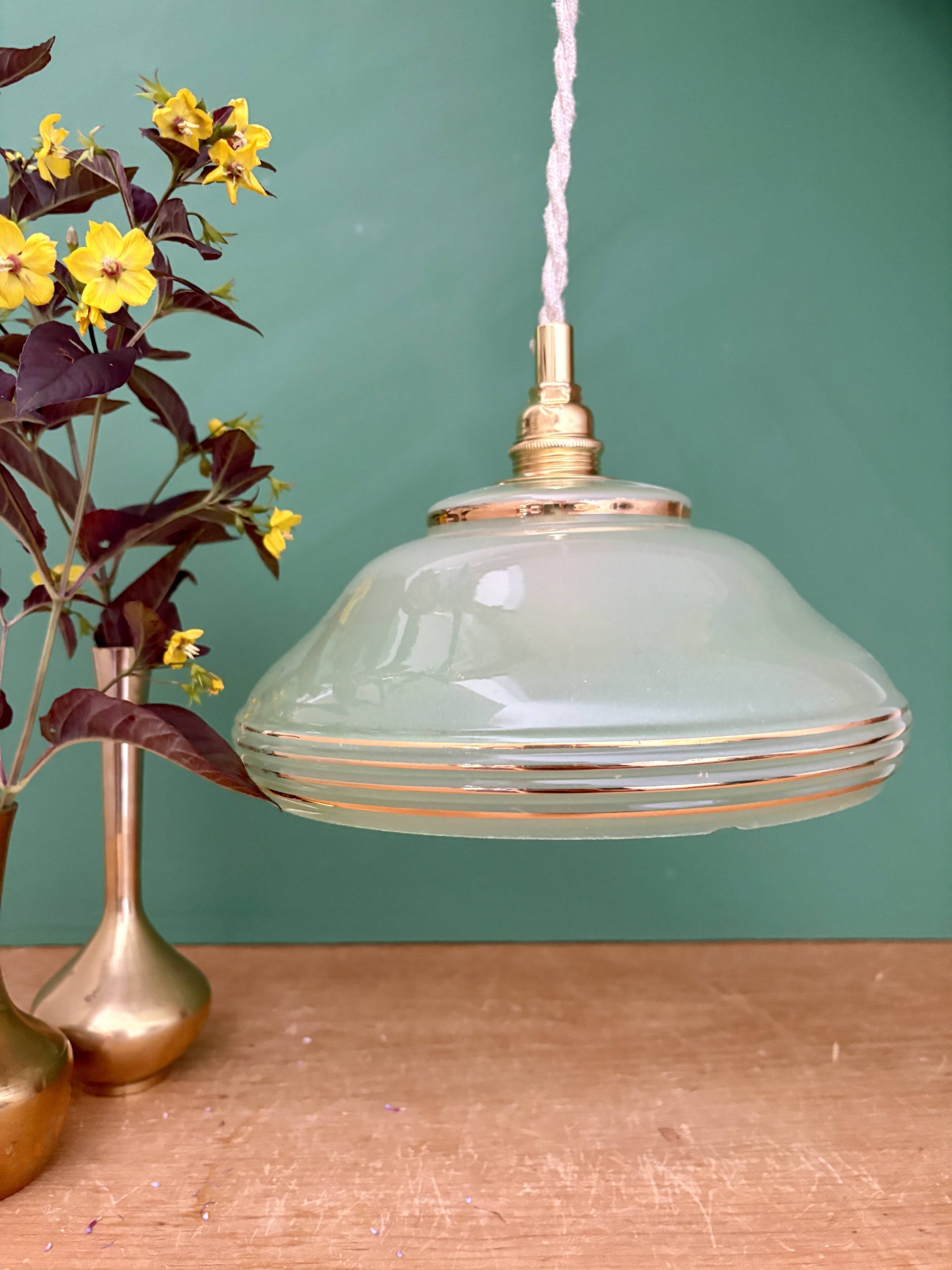 Vintage green and gold glass lampshade pendant light