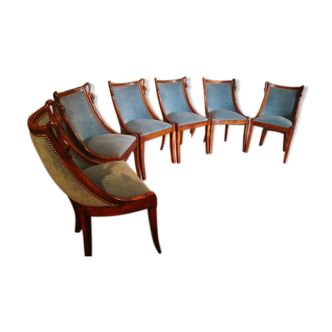 Suite of 6 mahogany gondola chairs swan collar Empire blue velvet