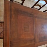 Marquetry wooden dining table with its 6 chairs.