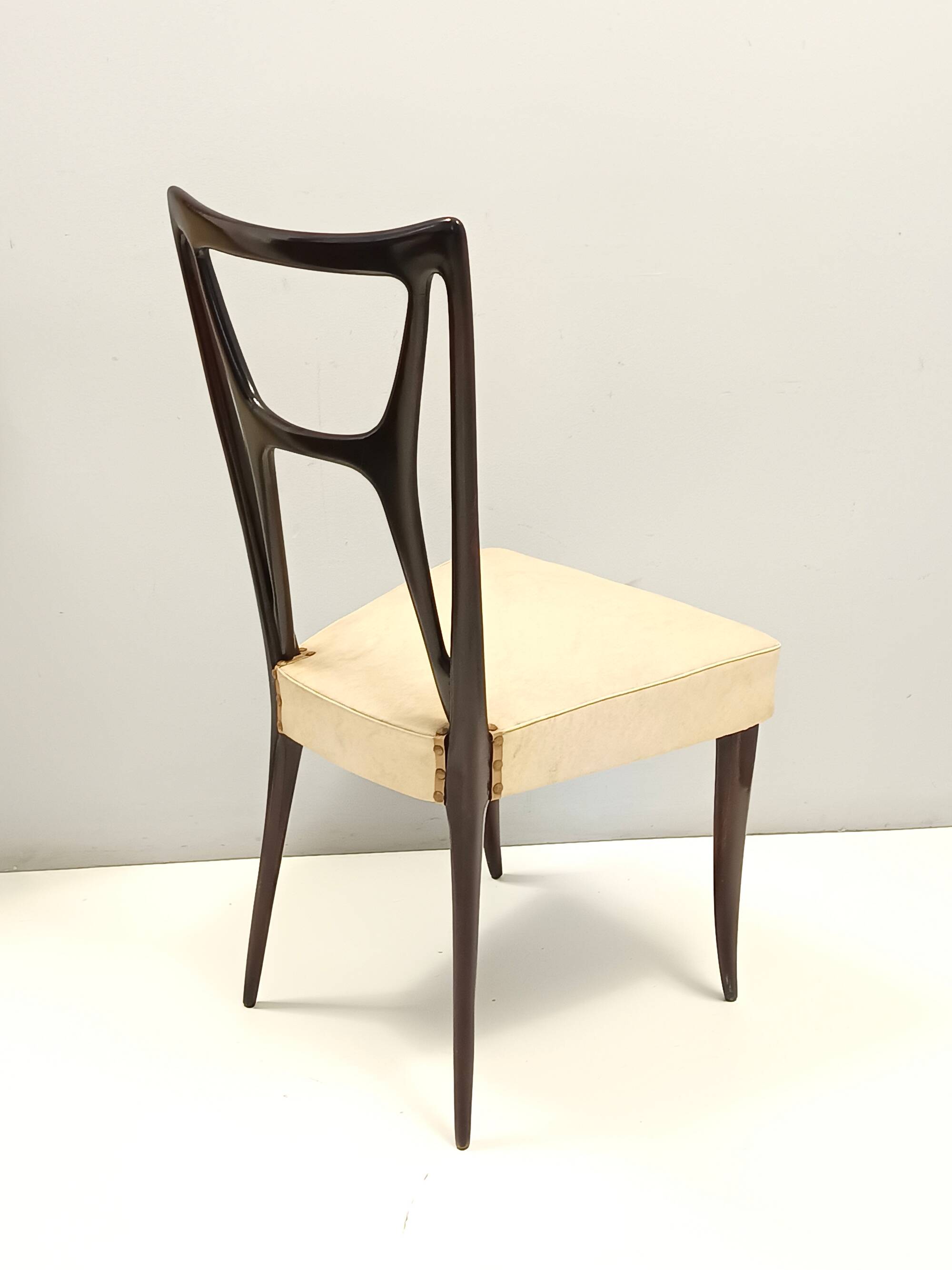 Set of Six Ebonized Beech Dining Chairs with Ivory Skai Upholstery, Italy